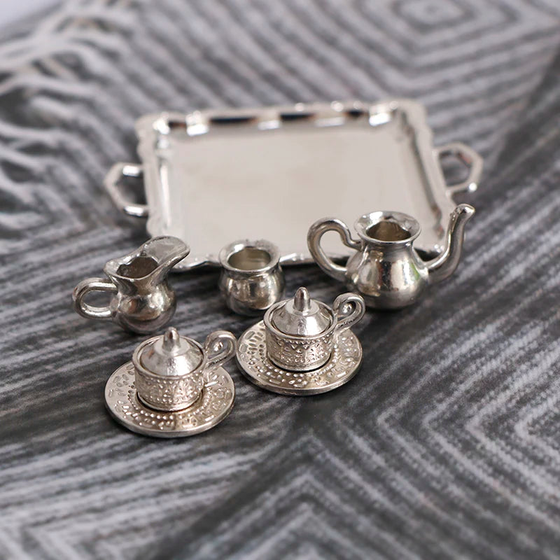 10pc 1/12 Dollhouse Miniature Silver Metal Tea Coffee Set Dollhouse Miniature Set Axl