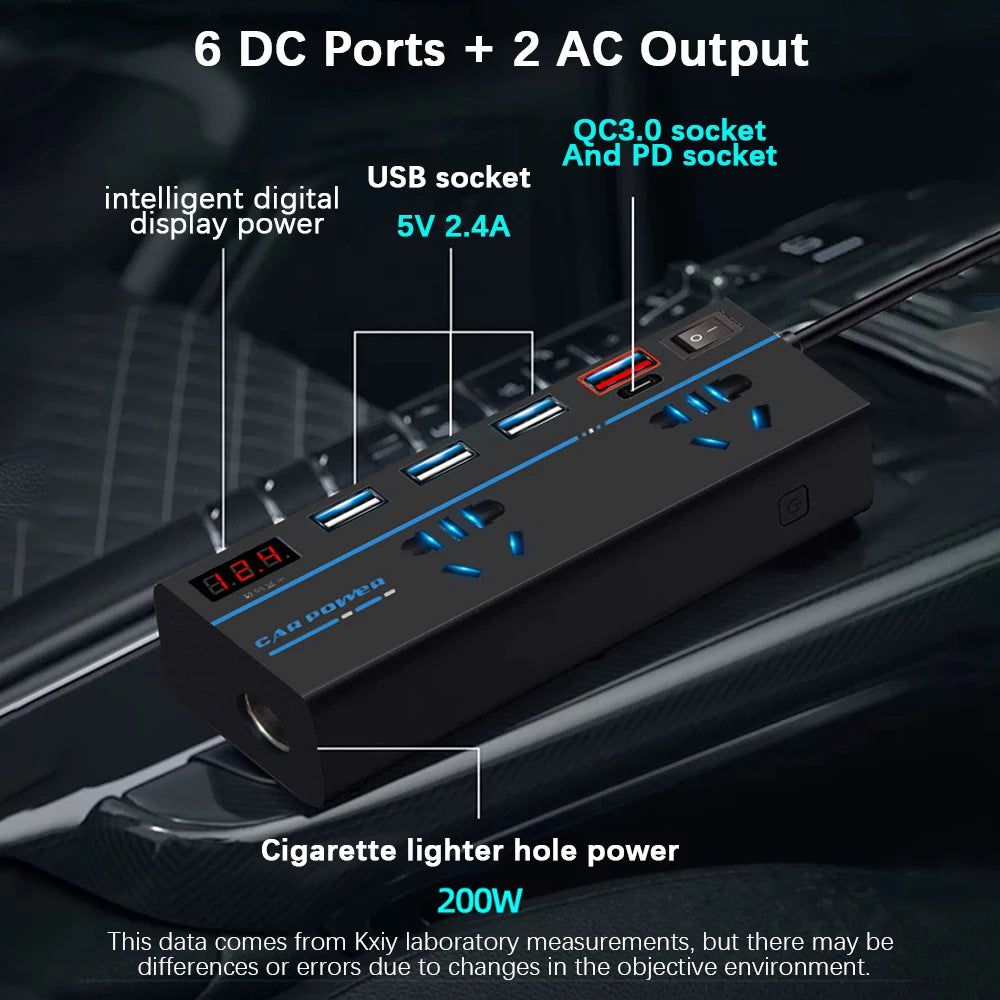 200W Car Power Inverter DC 12V/24V to AC 110V/220V 8-Port Car Power Inverter Axl