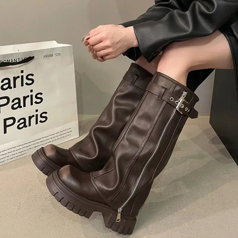 Women's Knee-High Platform Knight Boots – Belt Buckle Zip Knee-High Boots Axl