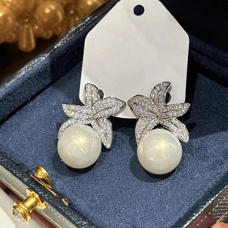 Huitan Flower Simulated Pearl Drop Earrings for Women Pearl Drop Earrings Axl