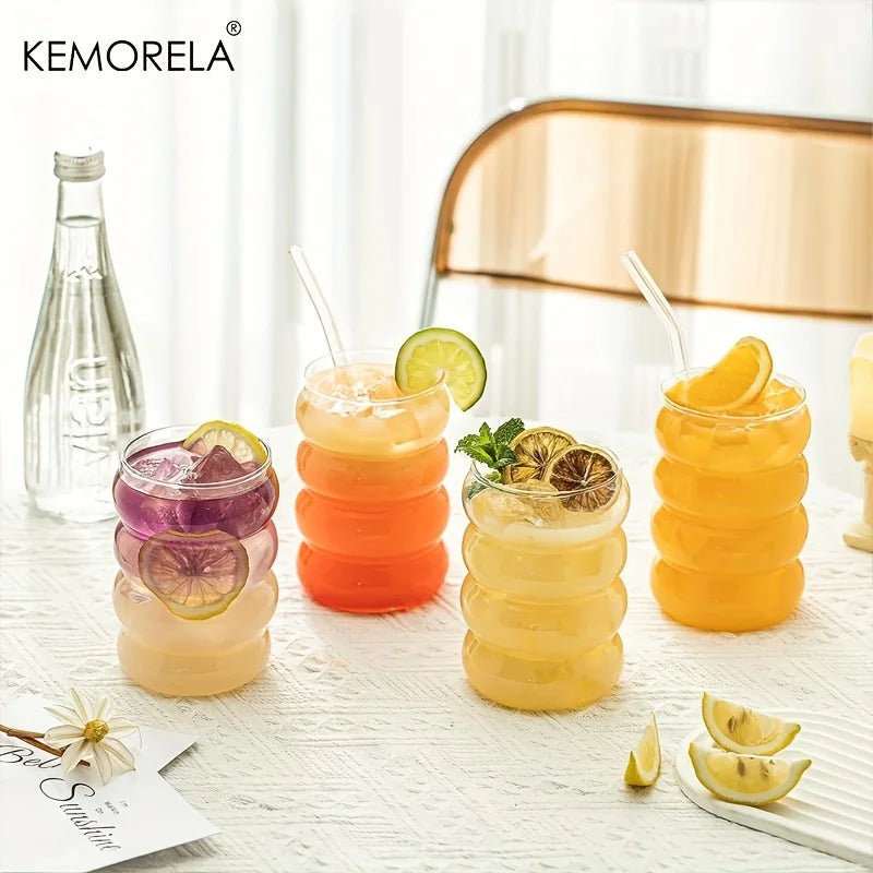 4-Pack 480ml Ribbed Ripple Glass Cups with Lids & Straws Drinking Glass Set Axl