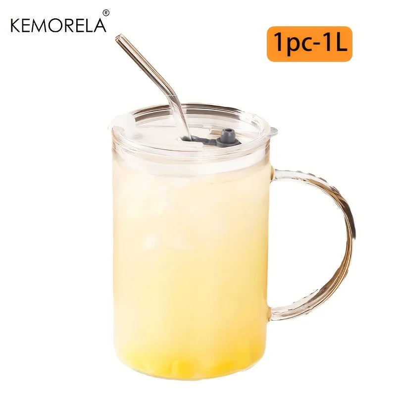 1000ml Glass Mug with Lid & Straw – Milk, Tea & Coffee Cup Glass Mug Axl 1PCS 1L