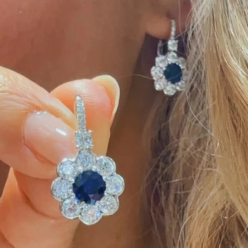 Huitan Flower Drop Earrings – Blue & White Cubic Zirconia Drop Earrings Axl