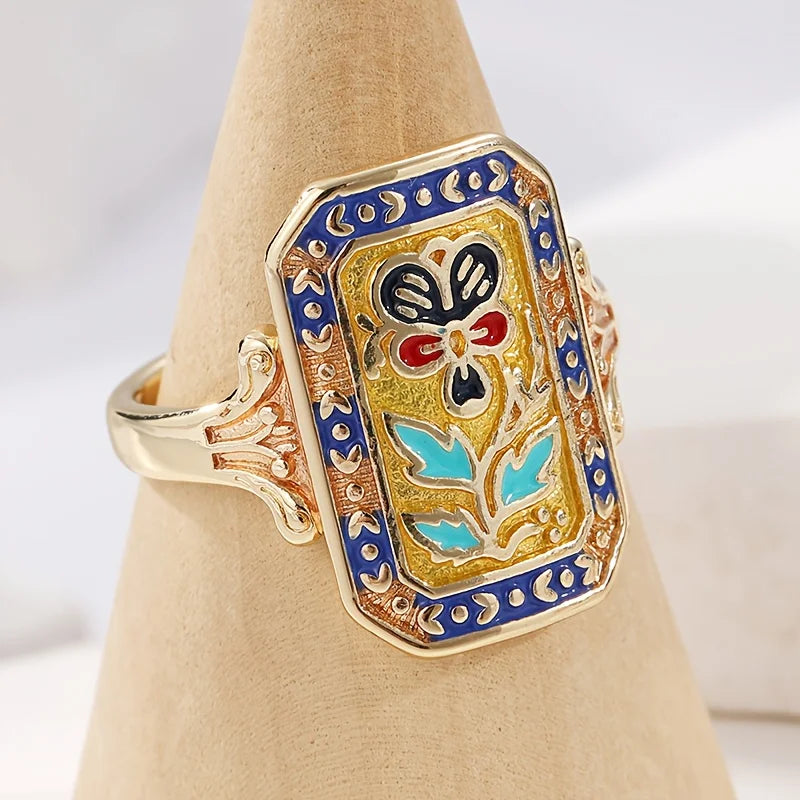 Huitan Gold Vintage Butterfly Floral Enamel Ring for Women Enamel Fashion Ring Axl A771 7