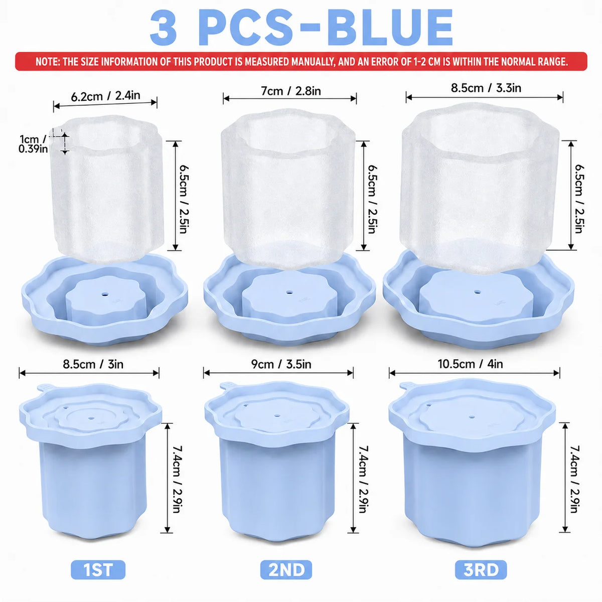 3-Piece Hollow Cylinder Ice Mold for 20–40oz Tumblers & Lids Silicone Ice Mold Axl 3 PCS-Blue