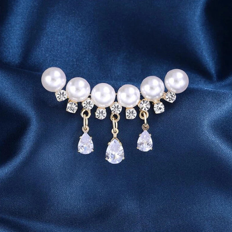 Elegant White Crystal Pearl Brooch | Gold Rhinestone Tassel Pin Brooch Pin Axl