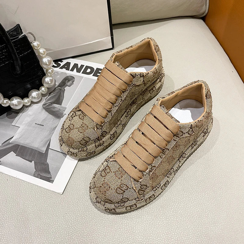 Women's Rhinestone Platform Sneakers – Luxury Designer Casual Shoe Platform Sneakers Axl Khaki 36