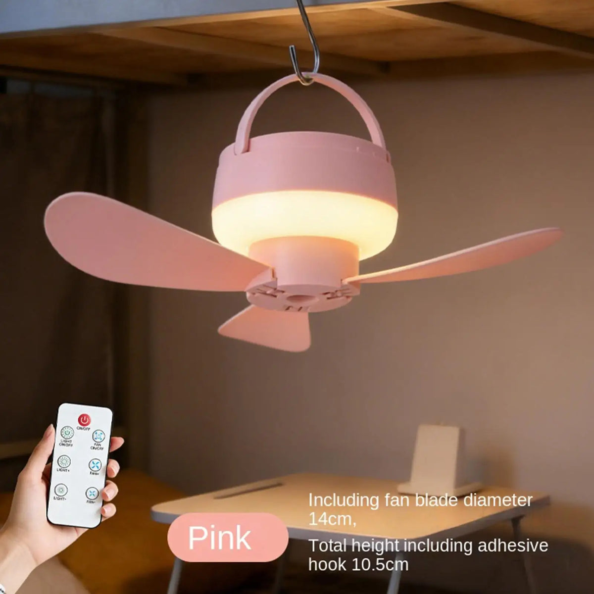 Portable USB Ceiling Fan with Remote, Light & Hook – Camping Portable Ceiling Fan Axl