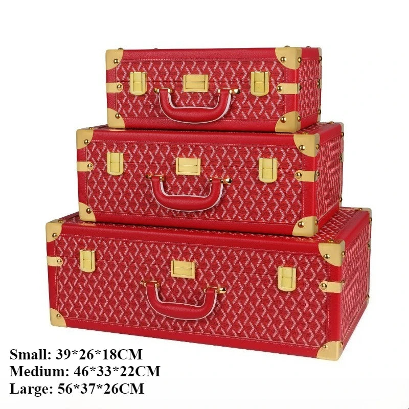 Retro Leather Storage Box Set – S/M/L Lidded Home Organizer Decorative Storage Box Axl Red Handle Style