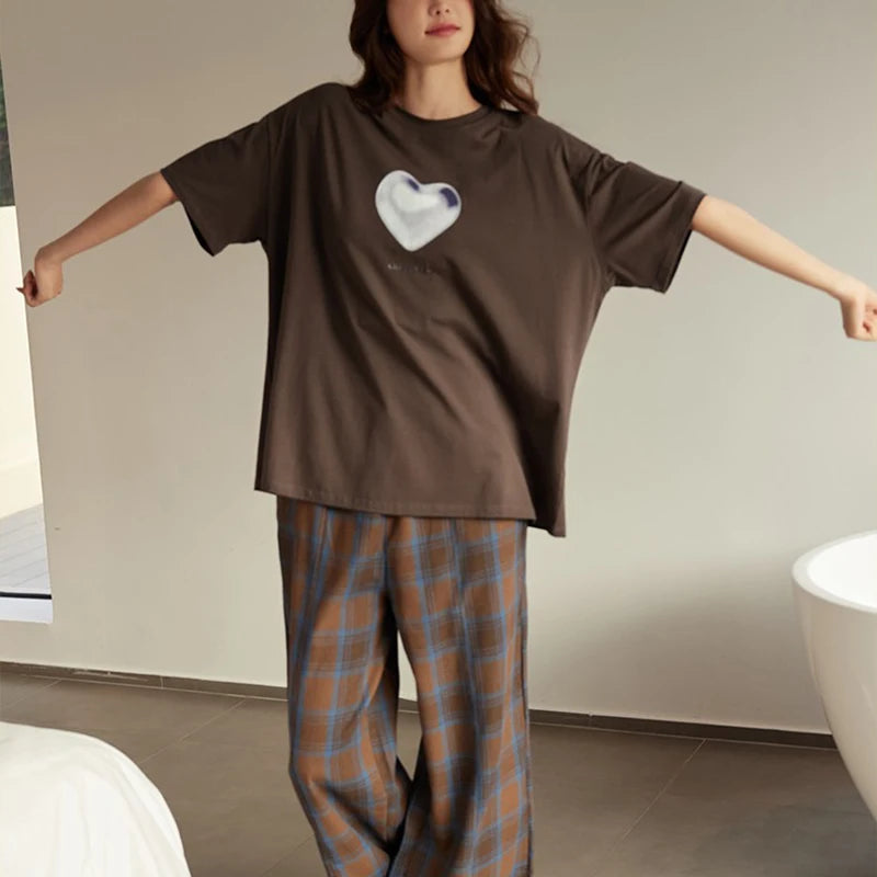 Women's 2-Piece Cotton Pajama Set – Short Sleeve & Plaid Pants Women's Pajama Set Axl