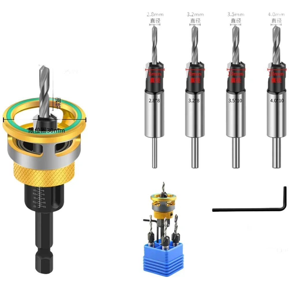 4 Flute Countersink Drill Bit – Adjustable Depth 1/4" Hex Shank Countersink Drill Bit Axl