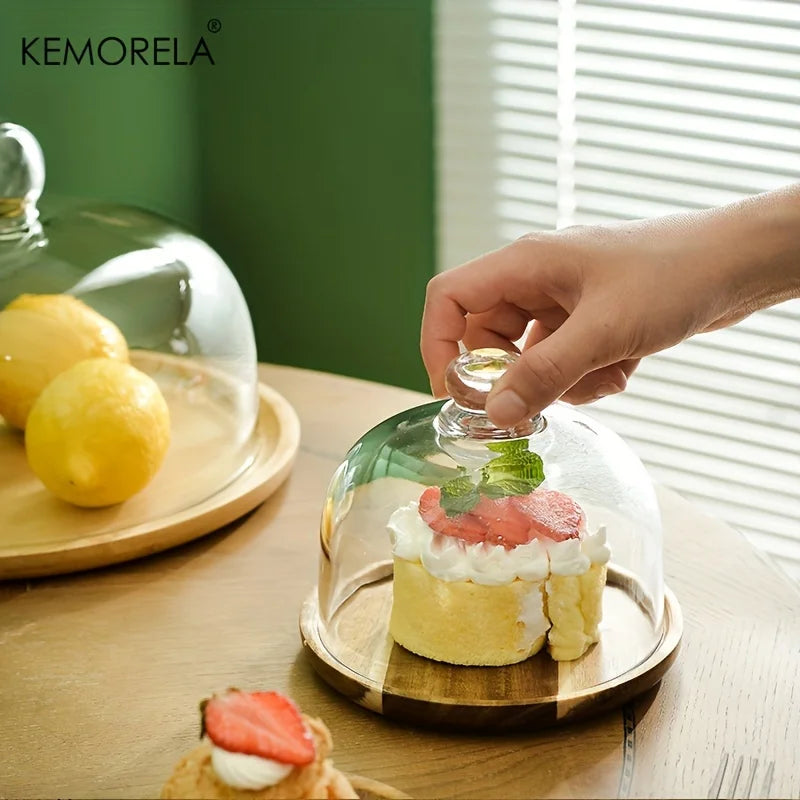 KEMORELA Bamboo Cake Stand with Clear Glass Lid | Dustproof Bamboo Cake Stand Axl