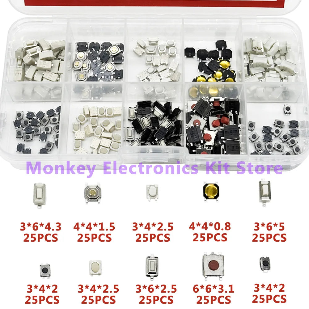 250PCS Tactile Push Button Micro Switch Set – 10 Types Micro Switch Kit Axl