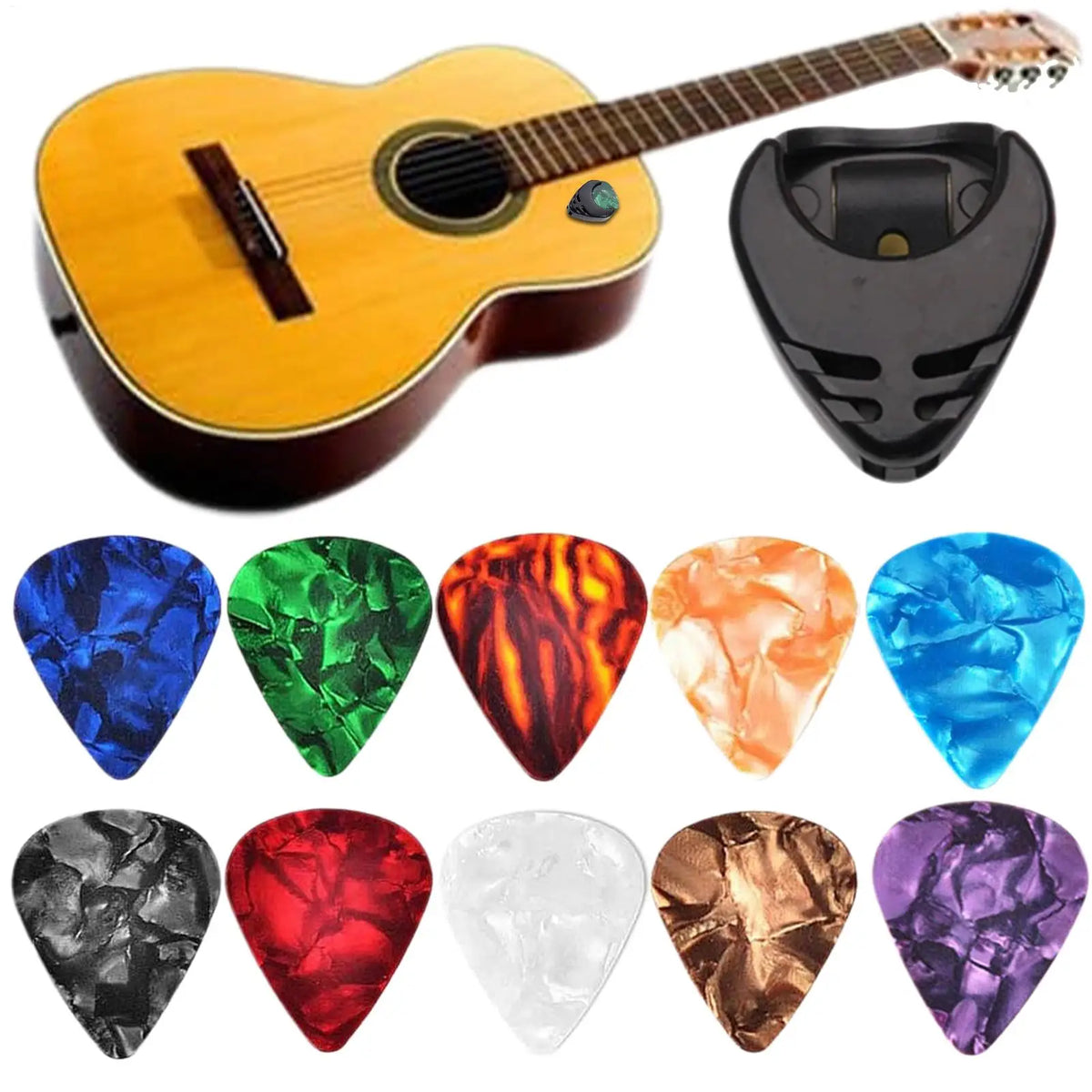 10-Piece Guitar Picks & Stick-On Holder Set | Acoustic & Electric Guitar Pick Set Axl