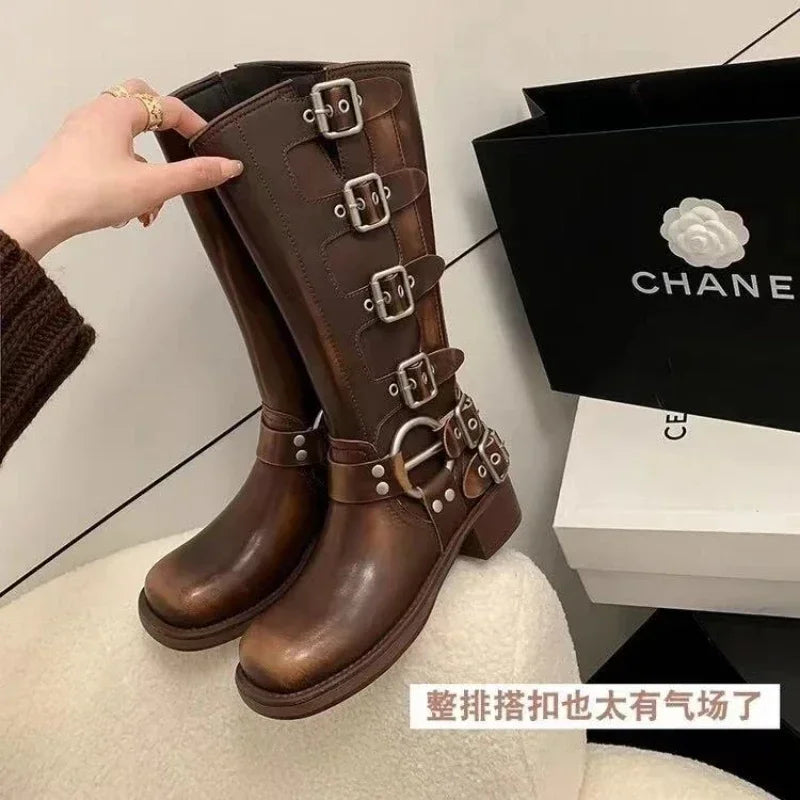 Women's Punk Mid-Calf Boots – Metal Buckle Chunky Wedge Heel Mid-Calf Boots Axl