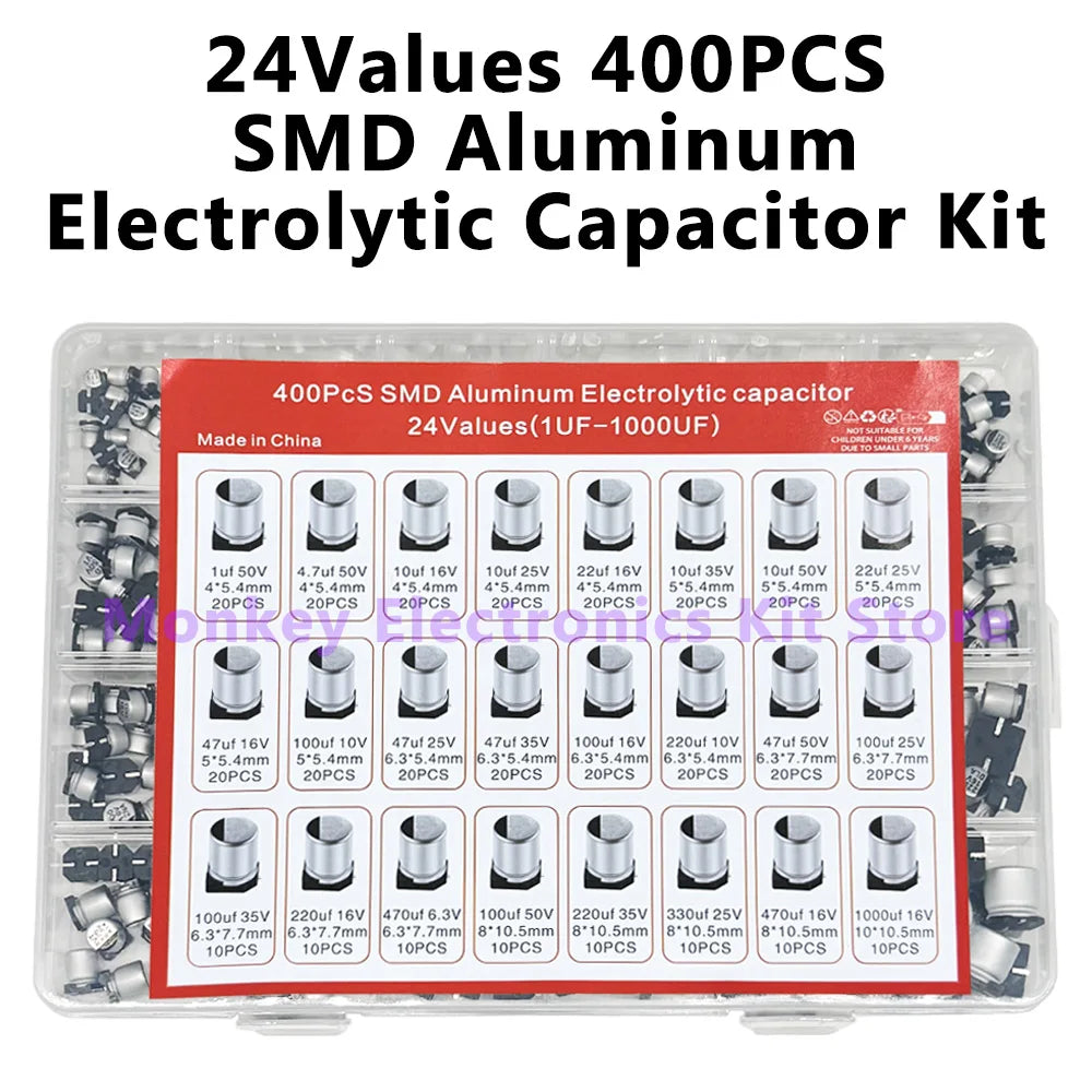 400PCS SMD Electrolytic Capacitor Kit – 24 Values 1uF–1000uF Capacitor Assortment Kit Axl