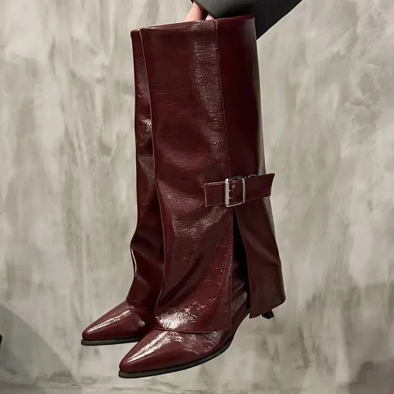 Women's Stiletto Pointed Toe Mid-Calf Boots – Retro Knight Style Stiletto Heeled Boots Axl 41 wine red