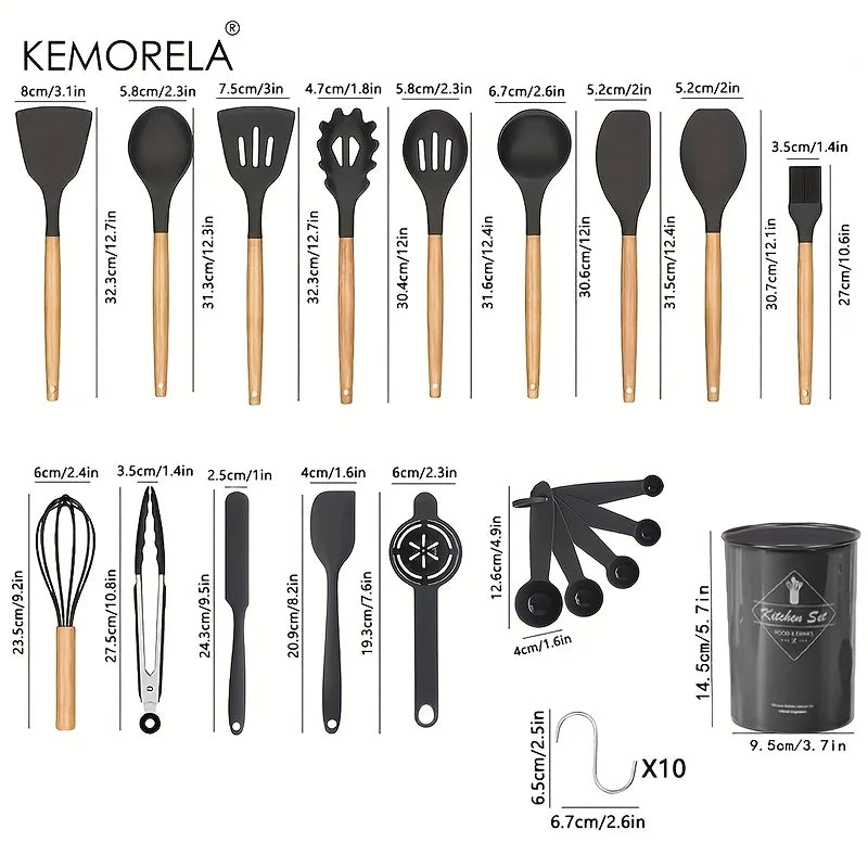 KEMORELA 30-Piece Silicone Cooking Utensil Set – Wooden Handles Silicone Utensil Set Axl
