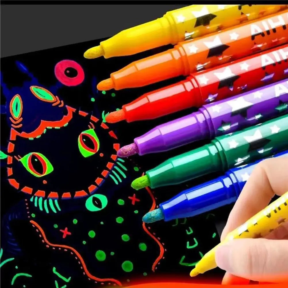 6-Color Glow in the Dark Neon Marker Pens | DIY Art & Crafts Glow Marker Set Axl
