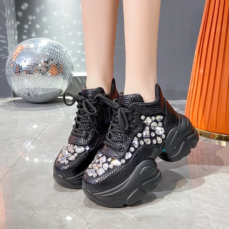 YEAE Women's Diamond Thick Sole Lace-Up Fashion Sneakers Platform Fashion Sneakers Axl