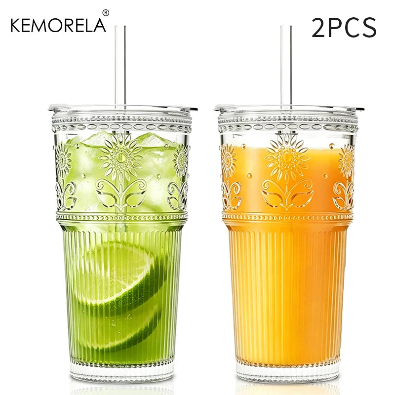 KEMORELA 590ml Sunflower Glass Cups with Lids & Straws Glass Drinkware Set Axl 2PCS 590ML