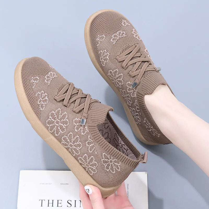 Women's Floral Knit Sneakers – Breathable Lightweight Flat Shoes Women's Flat Sneakers Axl Khaki 41