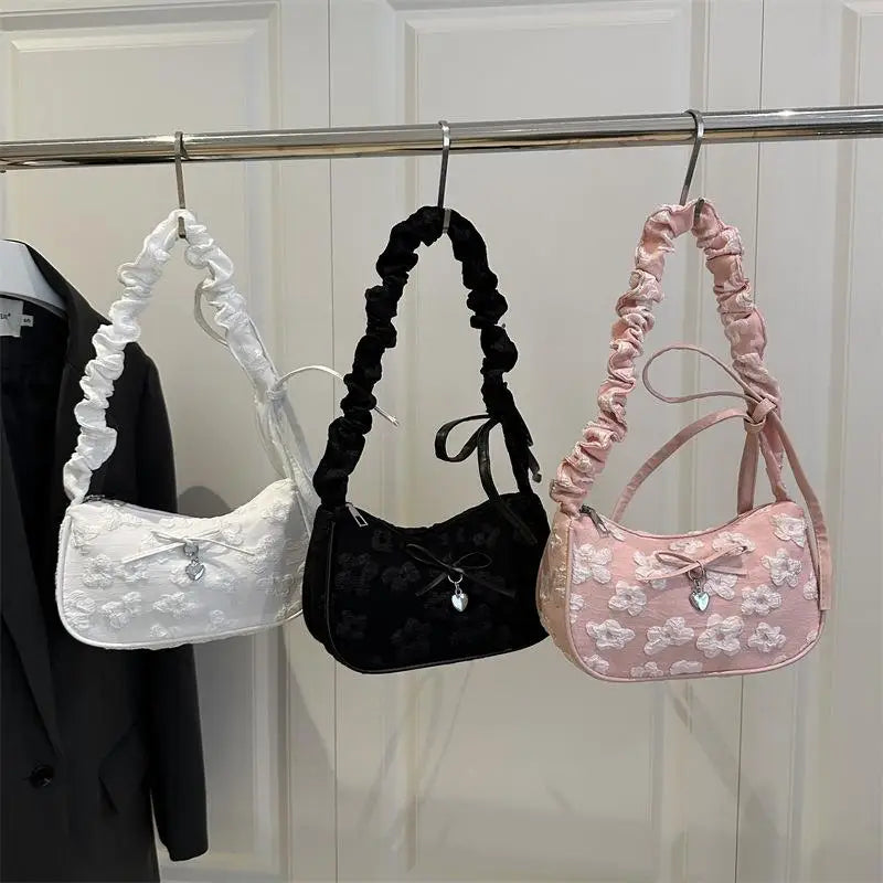 Bow Floral Pleated Crescent Crossbody Bag | Women's Handbag Crossbody Shoulder Bag Axl