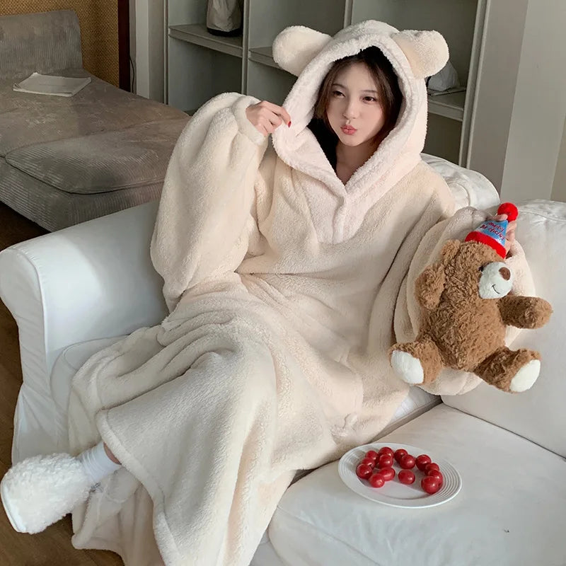 Women's Flannel Hooded Nightgown – Warm Padded Winter Homewear Flannel Nightgown Axl beige M
