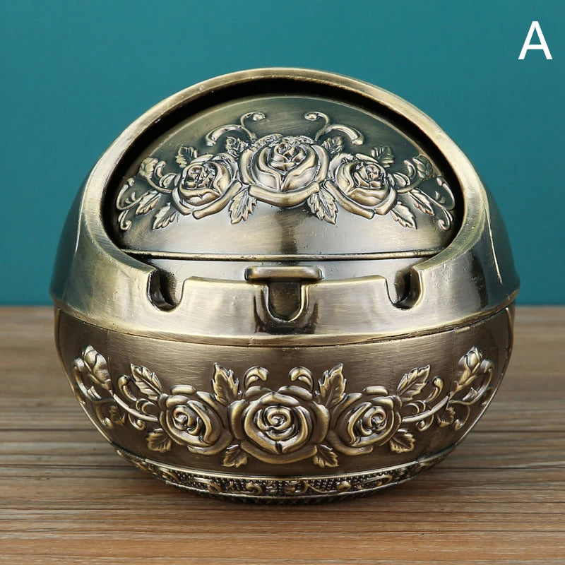 Vintage Metal Ashtray with Windproof Lid & Rose Embossed Design Metal Ashtray Axl A
