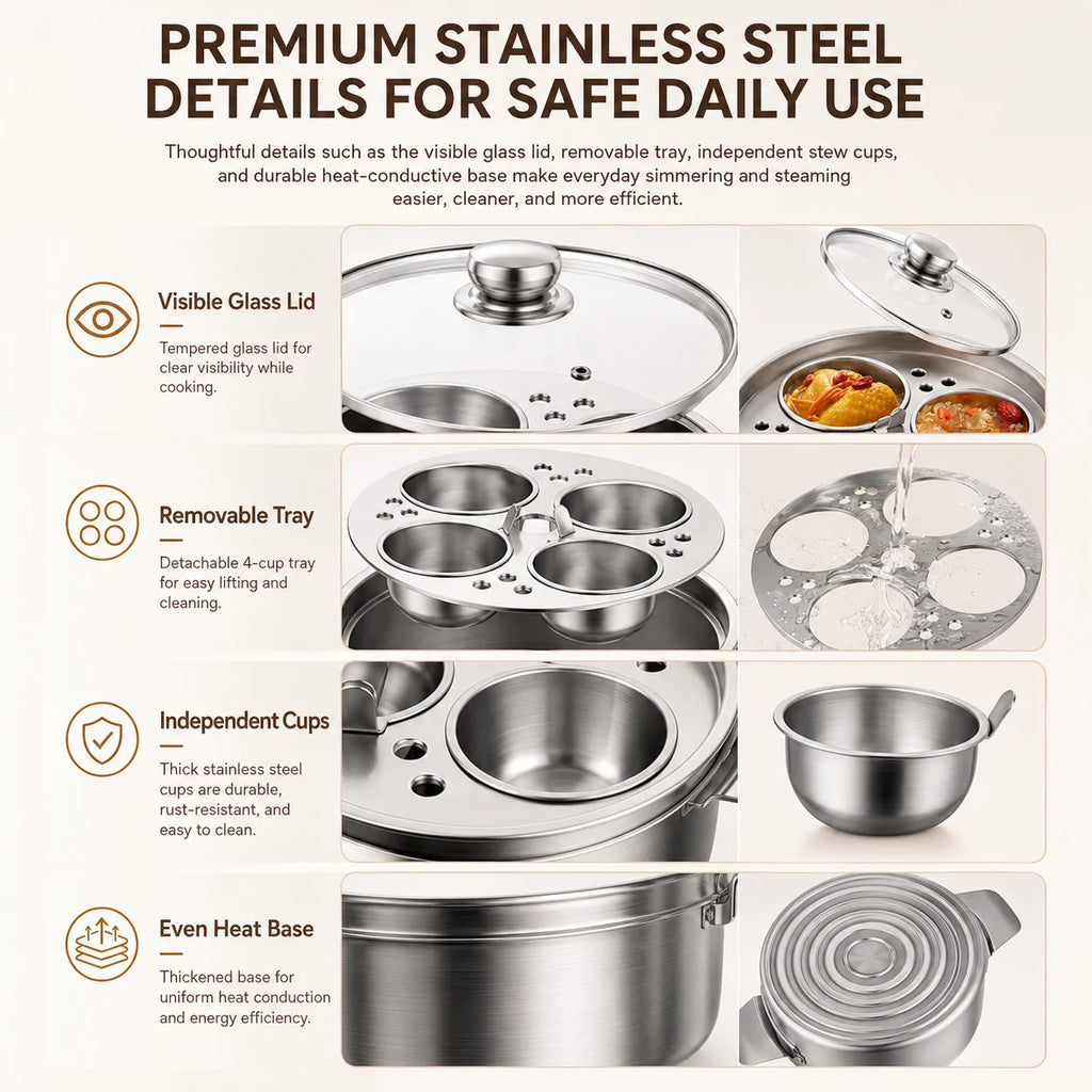 Stainless Steel Water Bath Stew Pot – 4 Inner Cups & Glass Lid Water Bath Stew Pot Axl