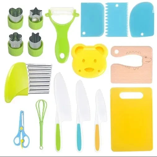 Kids Cooking Cutter Set – Safe Plastic Fruit Knife & Peeler Kids Kitchen Set Axl 17PCS