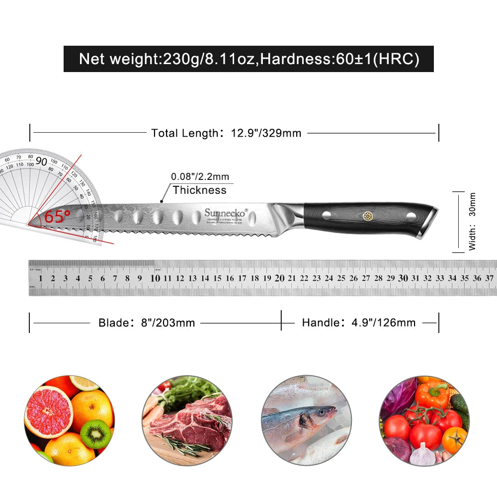 Sunnecko 8" Damascus Steel Serrated Bread Knife – VG10 Core Serrated Bread Knife Axl