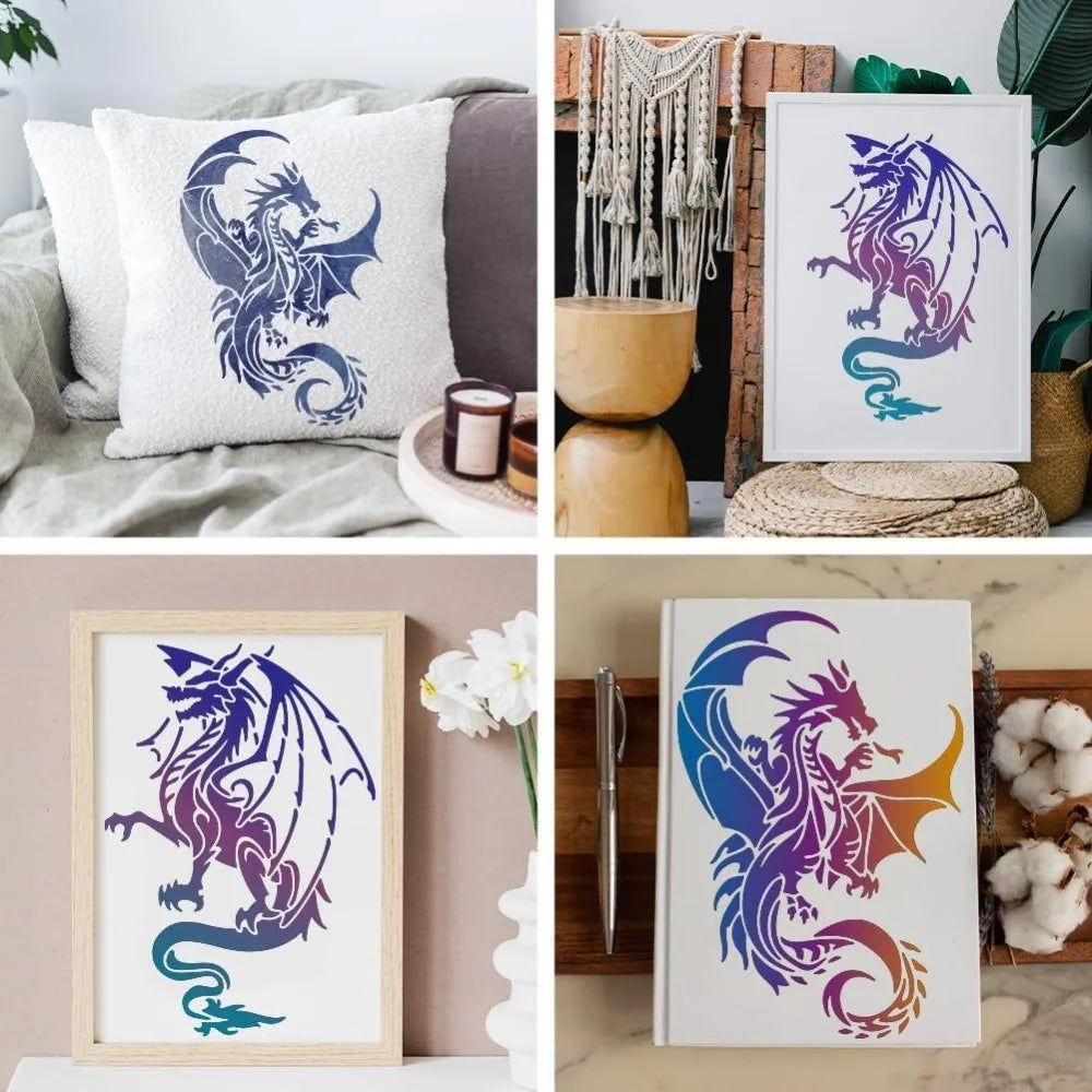 Dragon Stencils A4 2-Pack + Brush – Reusable DIY Craft Templates Craft Stencil Kit Axl
