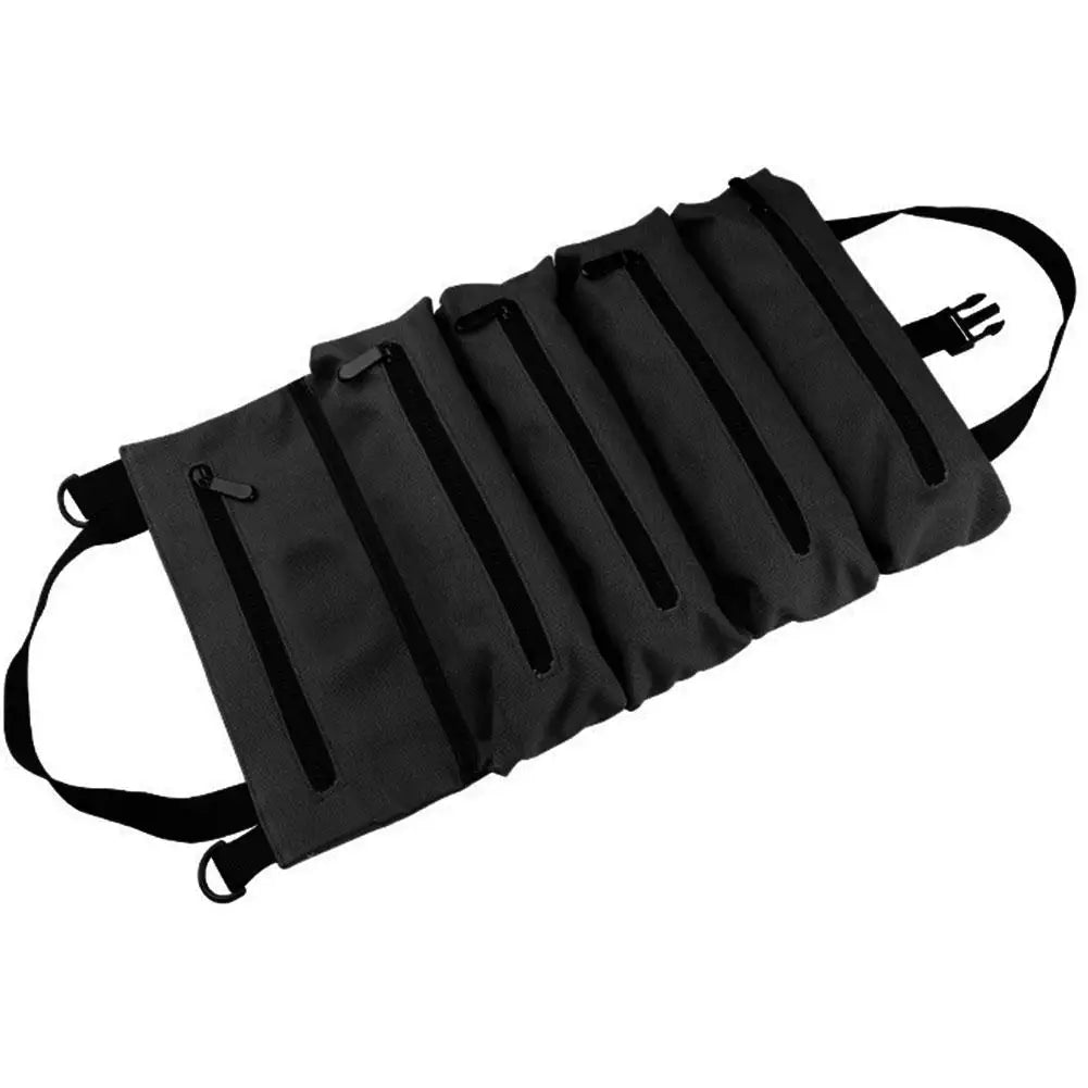 Roll-Up Canvas Fishing Tool Bag – 6 Zip Pockets Organizer Fishing Tackle Bag Axl Black
