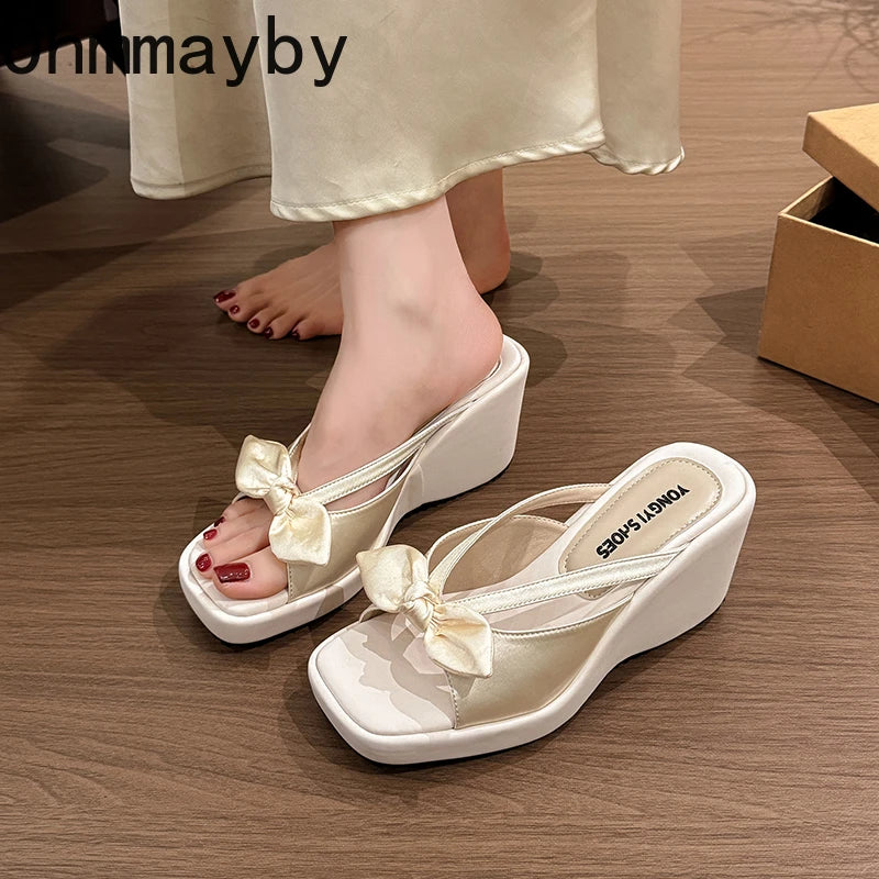 Women's Satin Butterfly-Knot Wedge Slippers – Open Toe Slides Wedge Slippers Axl