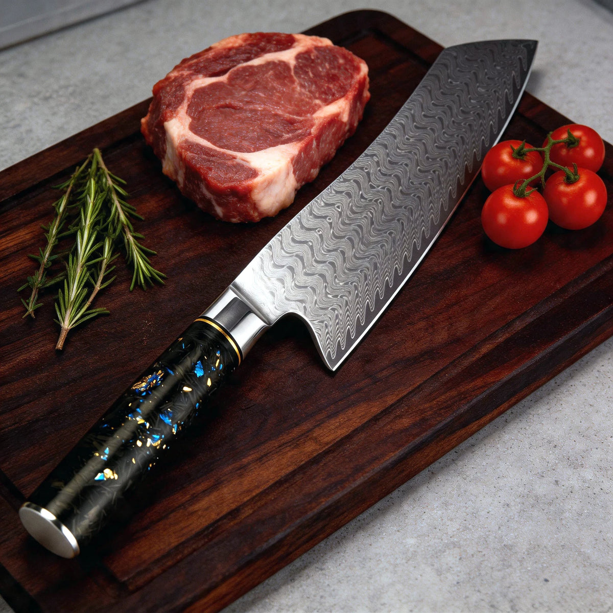 XITUO 7" Damascus Santoku Knife – Carbon Fiber Handle Santoku Kitchen Knife Axl