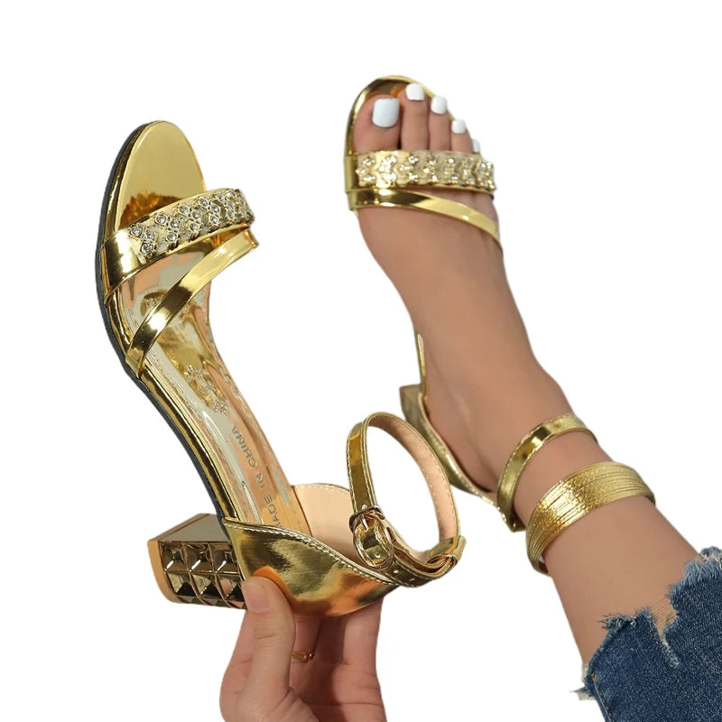 YBQJOO Women's Shiny Buckle Square Heel Sandals – Gold Women's Heel Sandals Axl