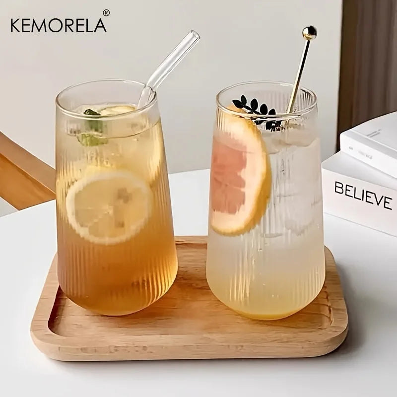 KEMORELA Vertical Striped Glass with Lid & Straw | 1 or 2 Pack Striped Drinking Glass Axl