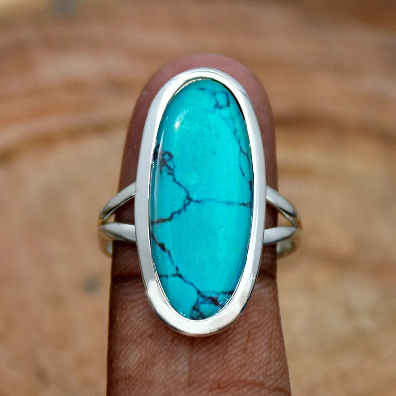 Huitan Oval Imitation Turquoise Bohemian Ring for Women Fashion Ring Axl