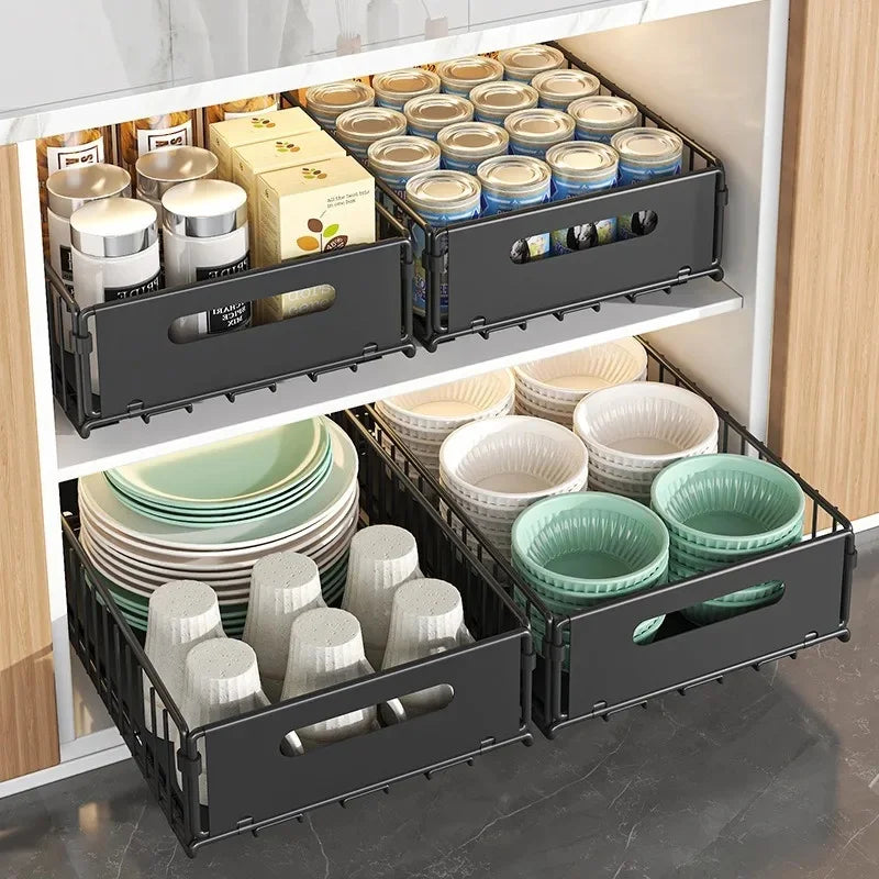 Foldable Under Sink Organizer with Pull-Out Basket | No-Drill Cabinet Storage Organizer Axl