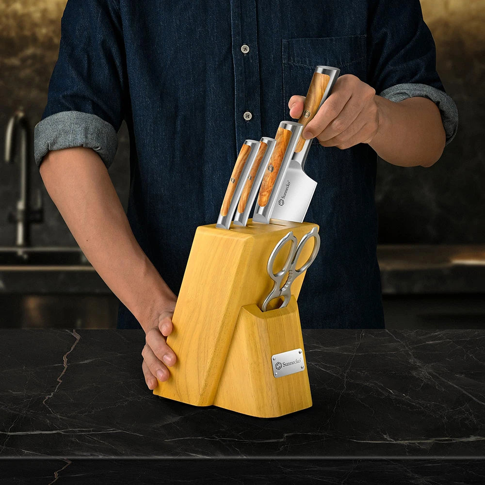 Sunnecko 6-Piece Kitchen Knife Block Set – Olive Wood Handle Kitchen Knife Set Axl
