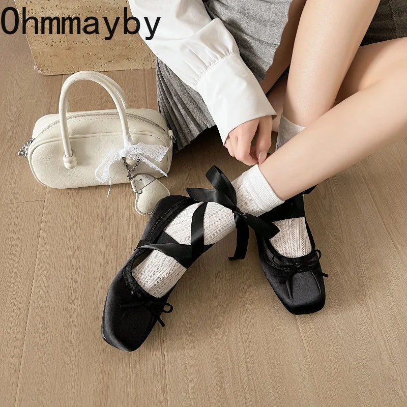 Satin Mary Jane Ballet Flats – Square Toe Butterfly-Knot Ballet Flats Axl