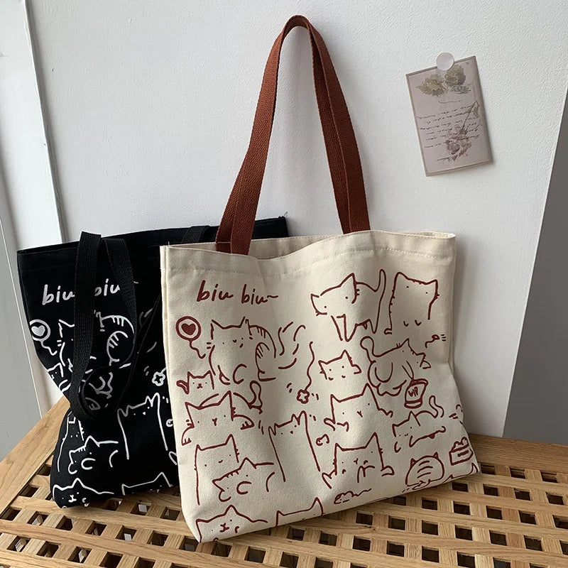Cute Cat Canvas Tote Bag – Japanese Style Shoulder Bag Canvas Shoulder Tote Axl