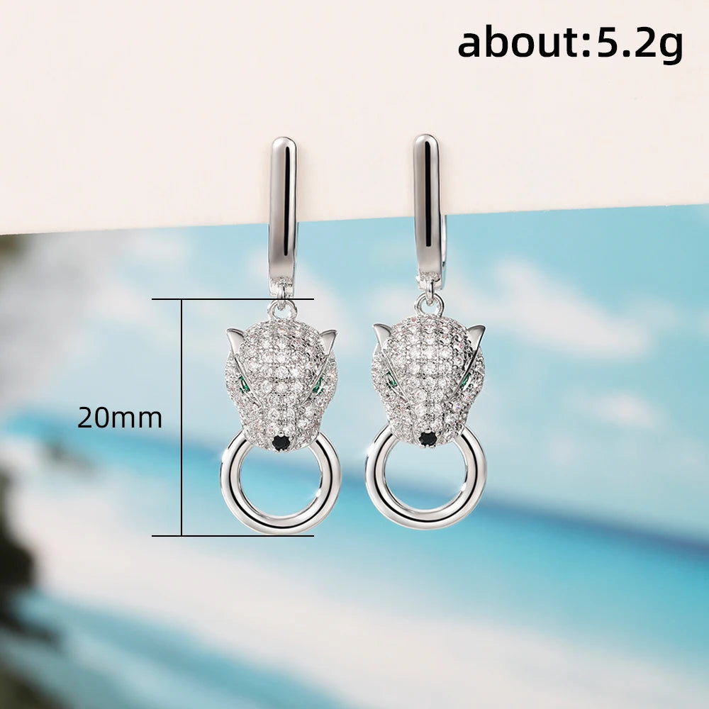 Huitan Leopard Drop Earrings – Green CZ Eyes, Silver Tone Drop Earrings Axl