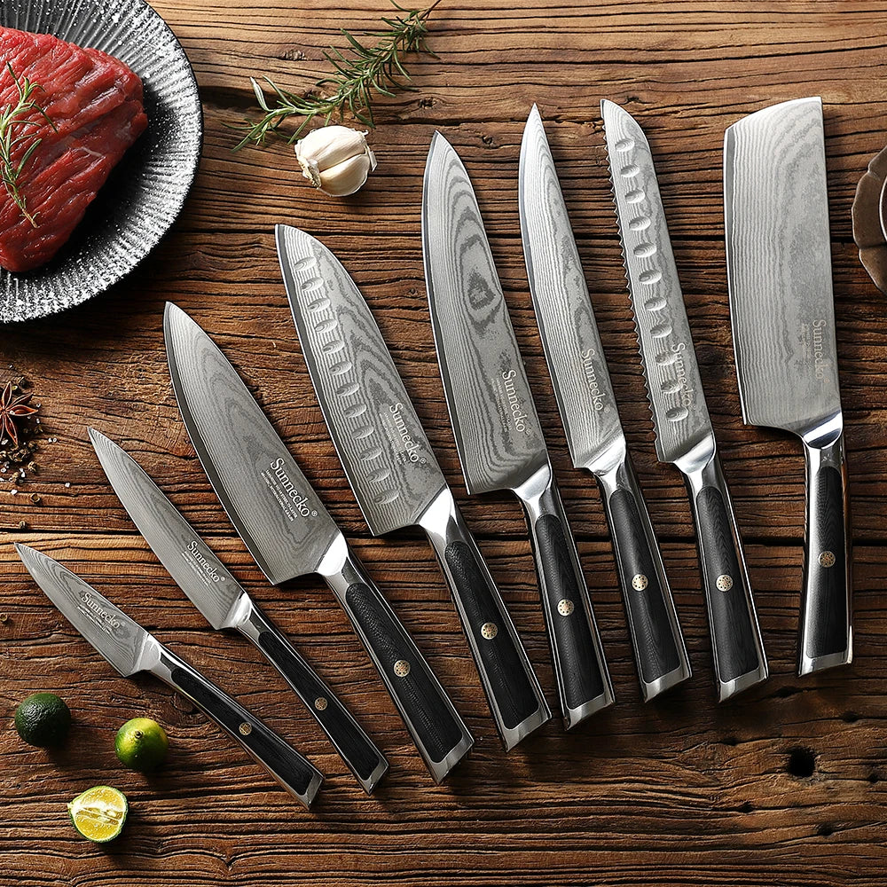 Sunnecko Damascus Steel Chef Knife Set – 73-Layer VG10 1–8pc Damascus Knife Set Axl