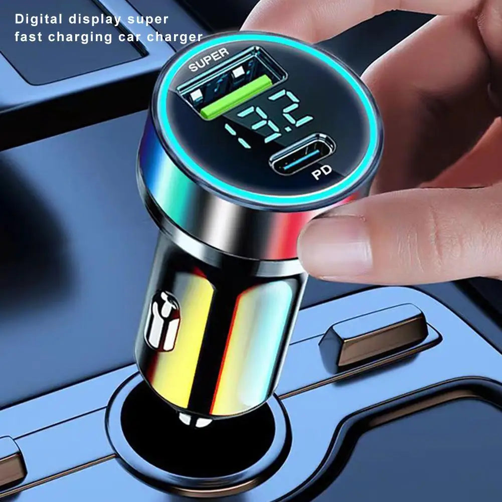 120W Car Charger LED Display | USB-A & PD Type-C Dual Port Car Charger Adapter Axl