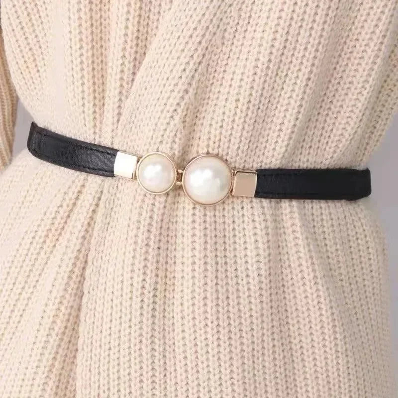 Women's Elastic Pearl Buckle Thin Belt – PU Waist Strap Women's Fashion Belt Axl