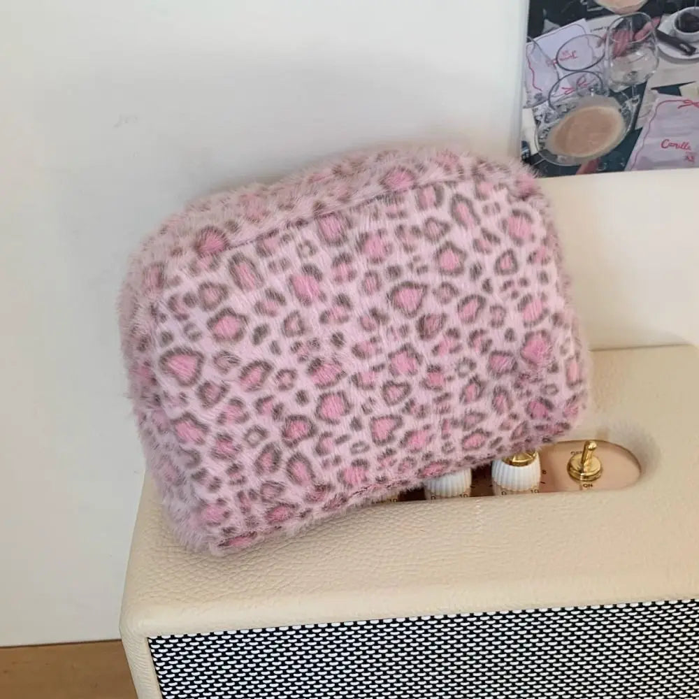 Fuzzy Leopard Print Makeup Bag – Large Travel Cosmetic Pouch Cosmetic Makeup Bag Axl