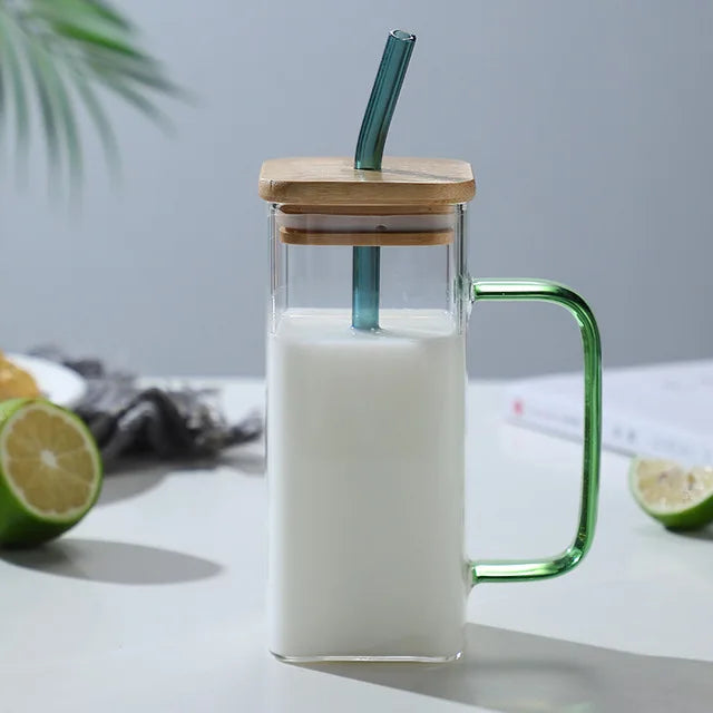 400ml Square Glass Mug with Lid & Straw | Microwave Safe Glass Mug Axl Yellow Handle 1 400ml