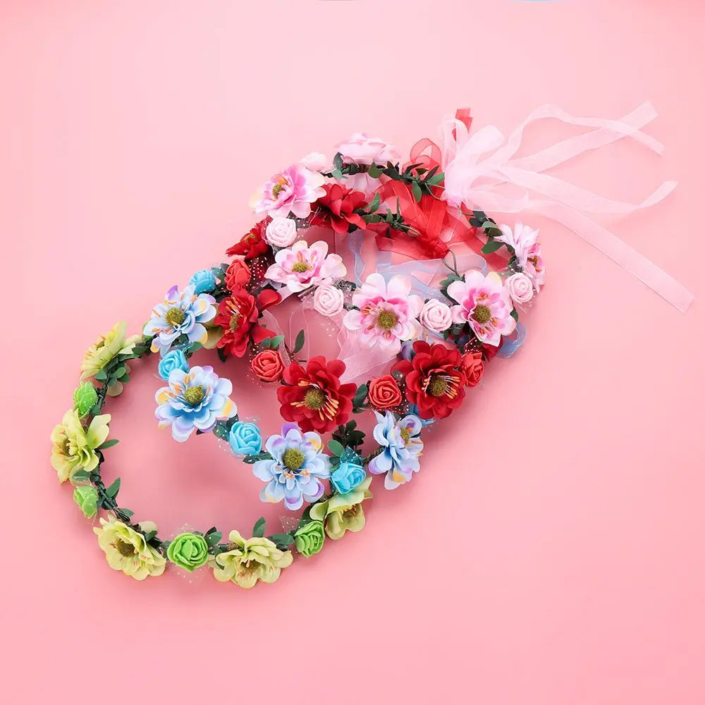 Floral Rose Crown Headband – Adjustable Ribbon Bridal Halo Floral Crown Headband Axl